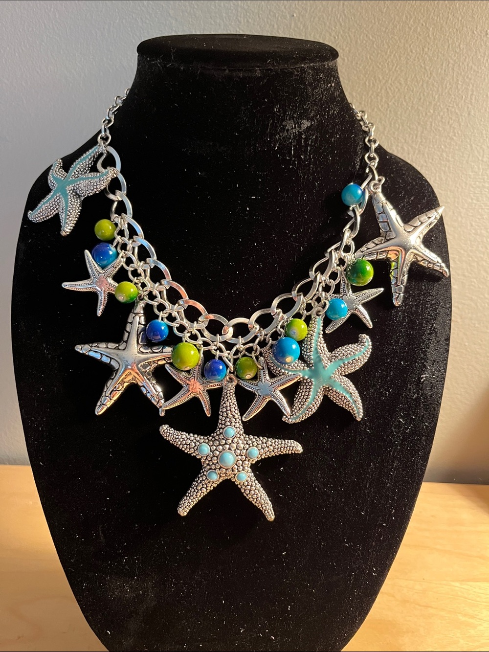 Starfish Charm Statement Necklace in Silver with Turquoise & Green Beads